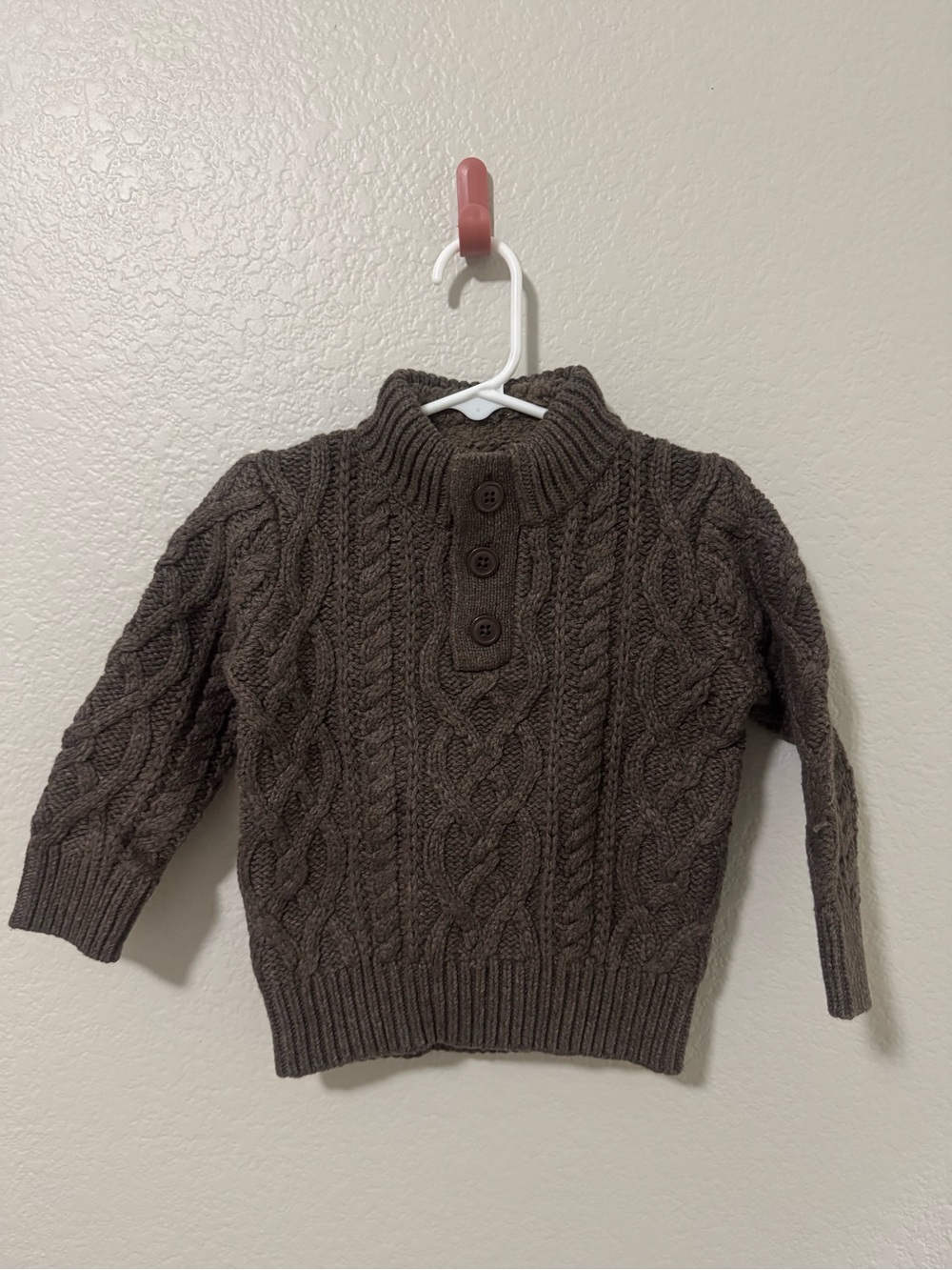 Brown Cable Knit Button Mock Neck Sweater